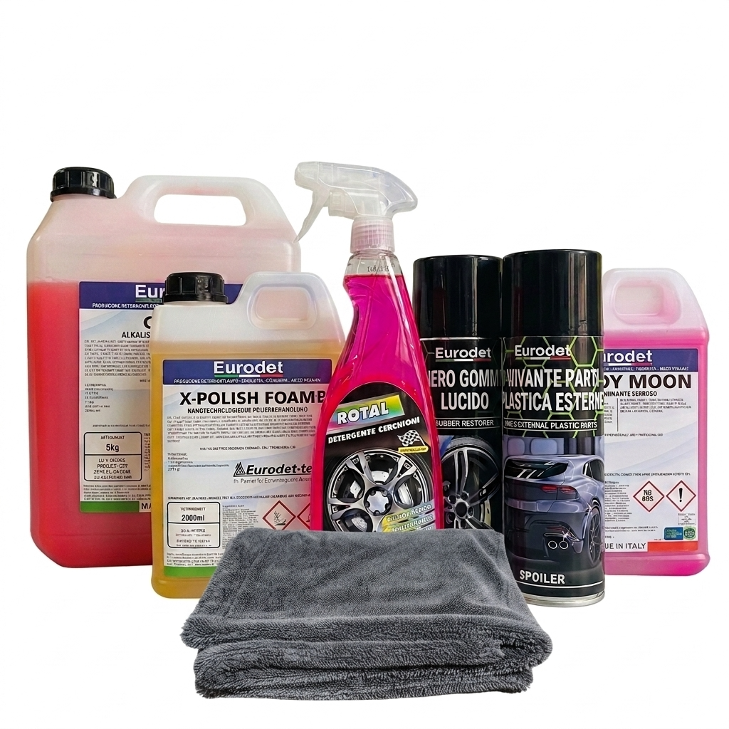 Eurodet Exterior Set: Autoshampoo Carry kg Kanster + Nano-Politur X-Polish Foam B 2000ml + Felgenreiniger Rotal 750ml+ Reifenpflege Pneurav 400ml + Kunsttoffpflege Spoiler 400ml + Flurostentferner Bloody Moon 2000ml + Double Twisted Loop Mikrofaser Trocknungstuch