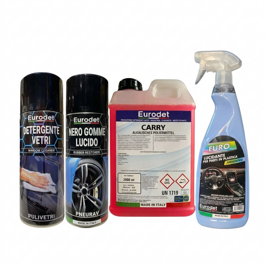 Starter Mini Set: Eurodet Autoshampoo Carry 2000ml + Reifenpflege Pneurav 400ml + Kunststoffpflege Euro 3 750ml + Scheibenreiniger Pulivetri 400ml